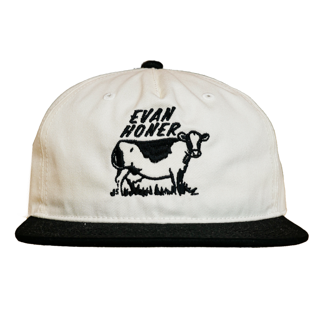 White cap with black cow graphic and 'Evan Hower' text on a white background