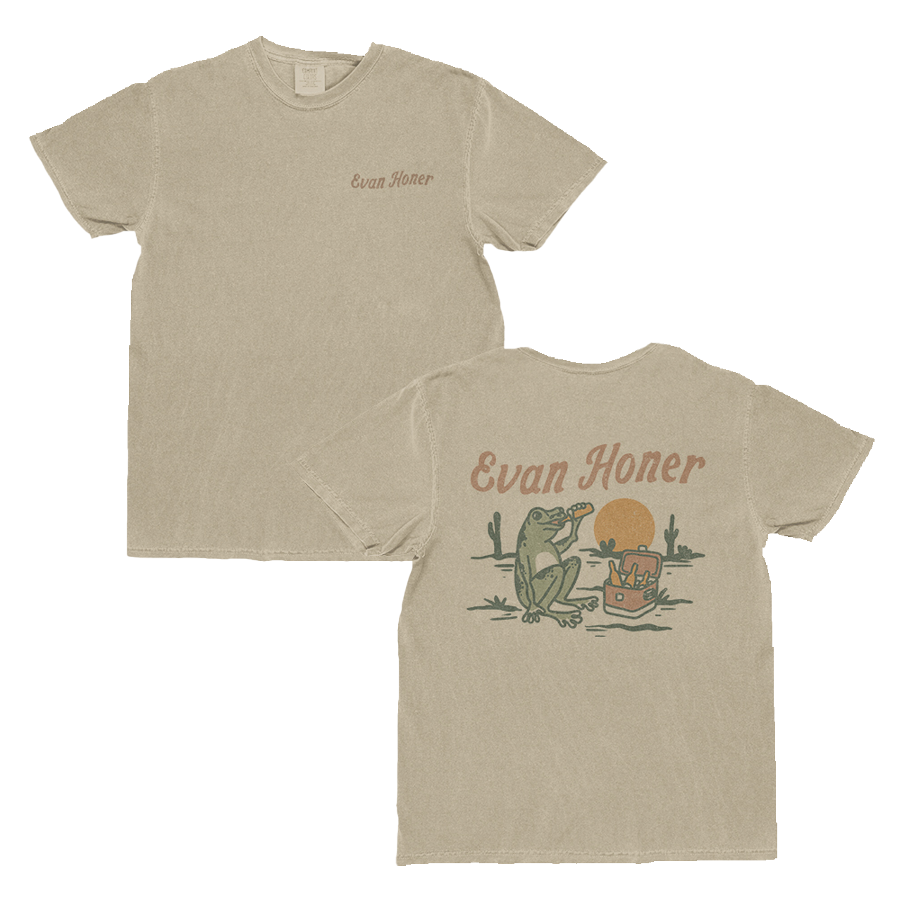 Beige t-shirt with 'Evan Honer' branding on front and back, featuring a frog graphic.