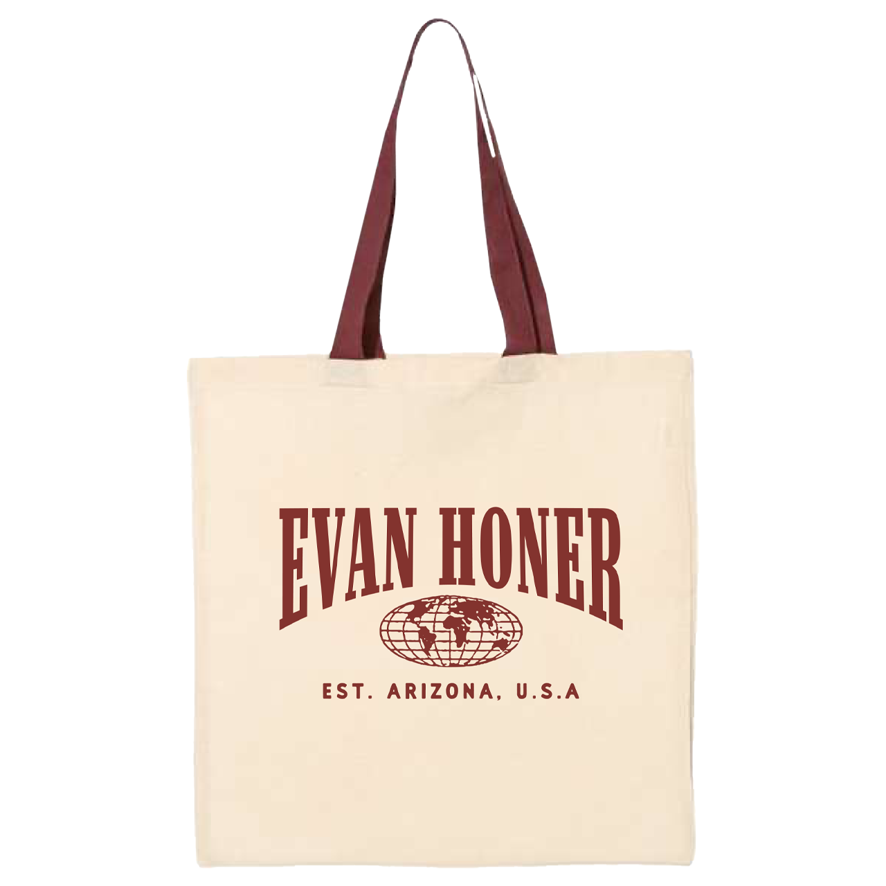 Beige tote bag with 'Evan Honer' text and logo on a white background