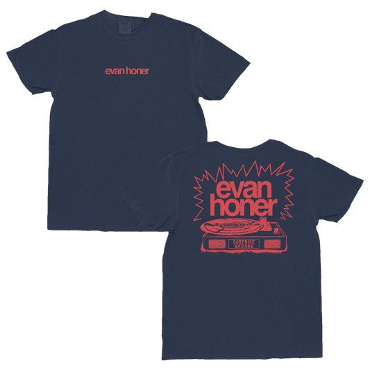 Navy blue t-shirt with red 'evan honor' text and graphic on a white background