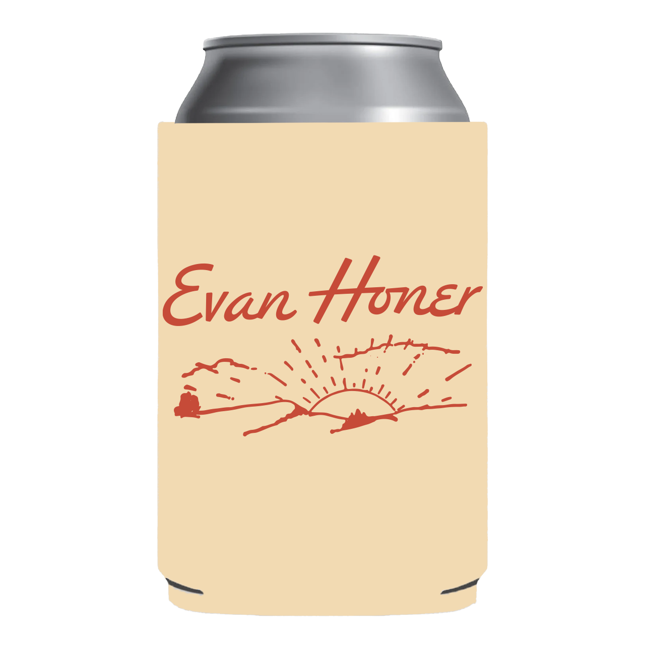 Can cooler with 'Evan Honey' branding on a beige background