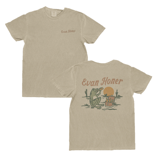 Beige t-shirt with 'Evan Honer' branding on front and back, featuring a frog graphic.