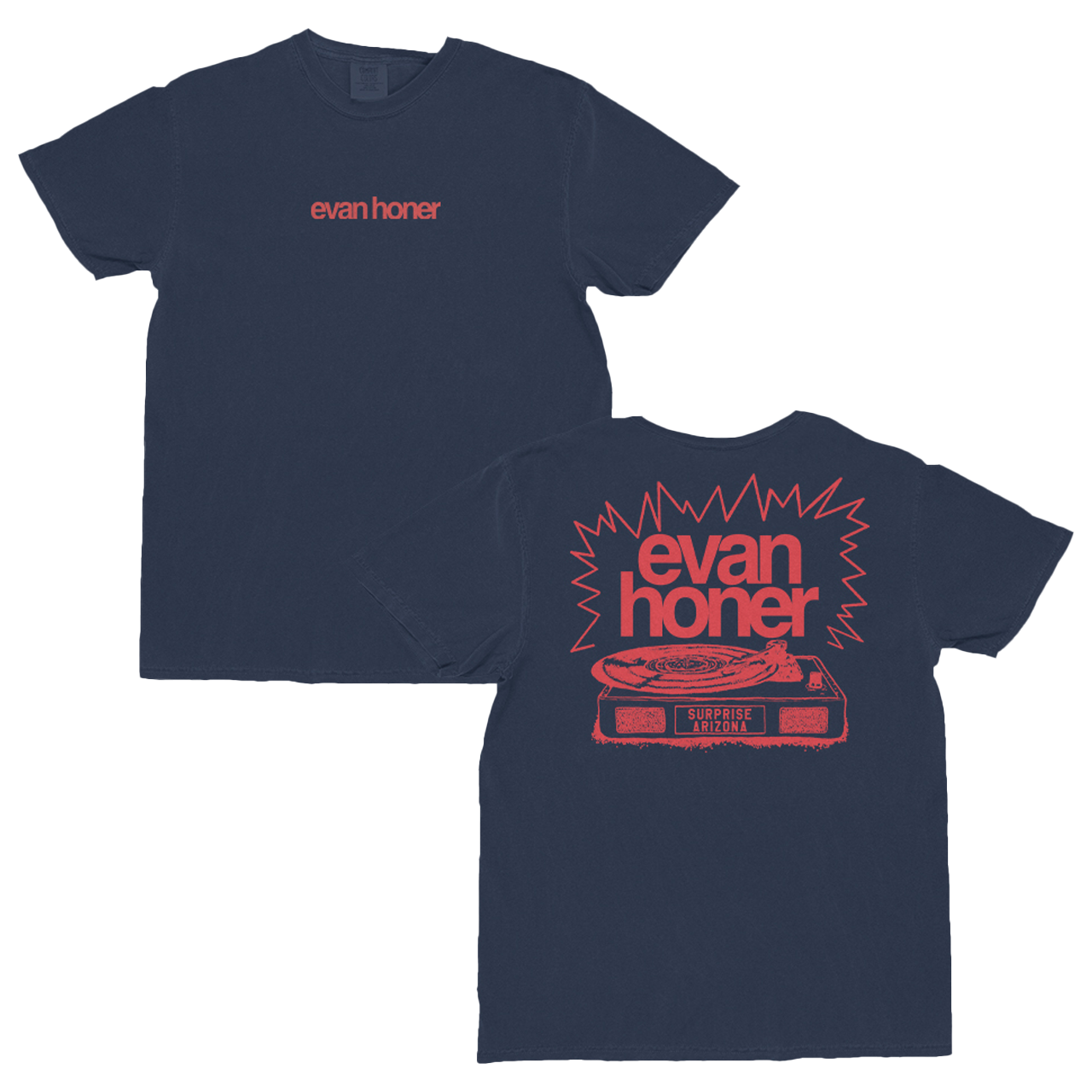 Navy blue t-shirt with red 'evan honor' text and graphic on a white background