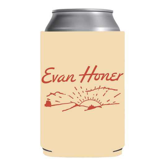 Can cooler with 'Evan Honey' branding on a beige background