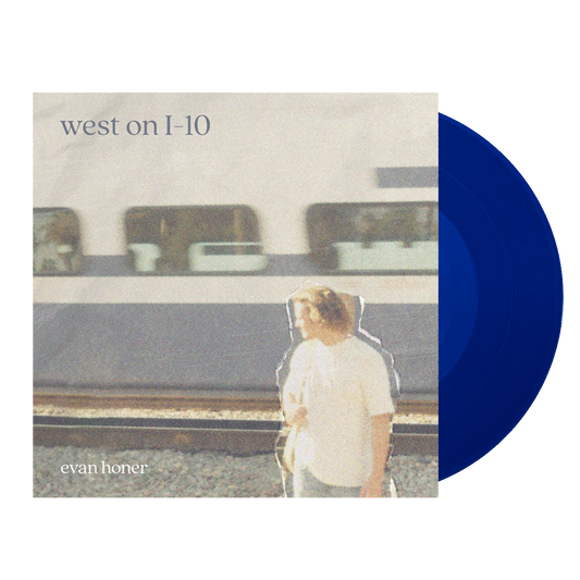 A vinyl record album cover for 'west on I-10' by 'evan honer', featuring a blue vinyl disc partially sliding out from the right side of the square cover art.